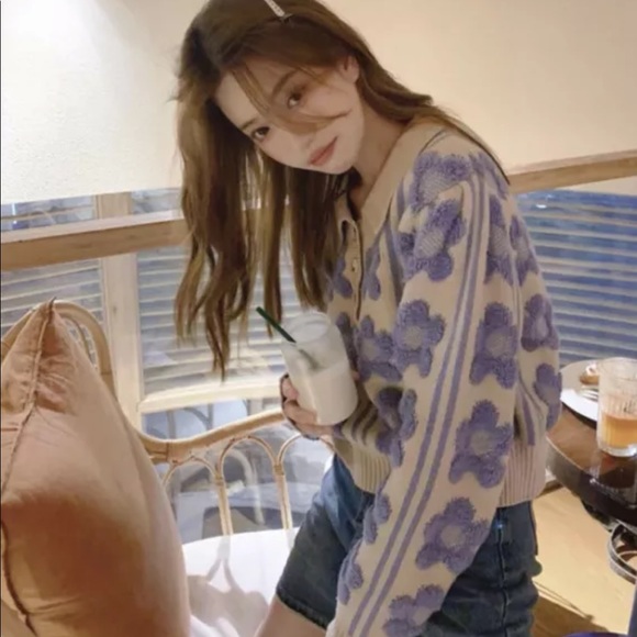 Knit sweater floral dark khaki collar womens top - Picture 6 of 10